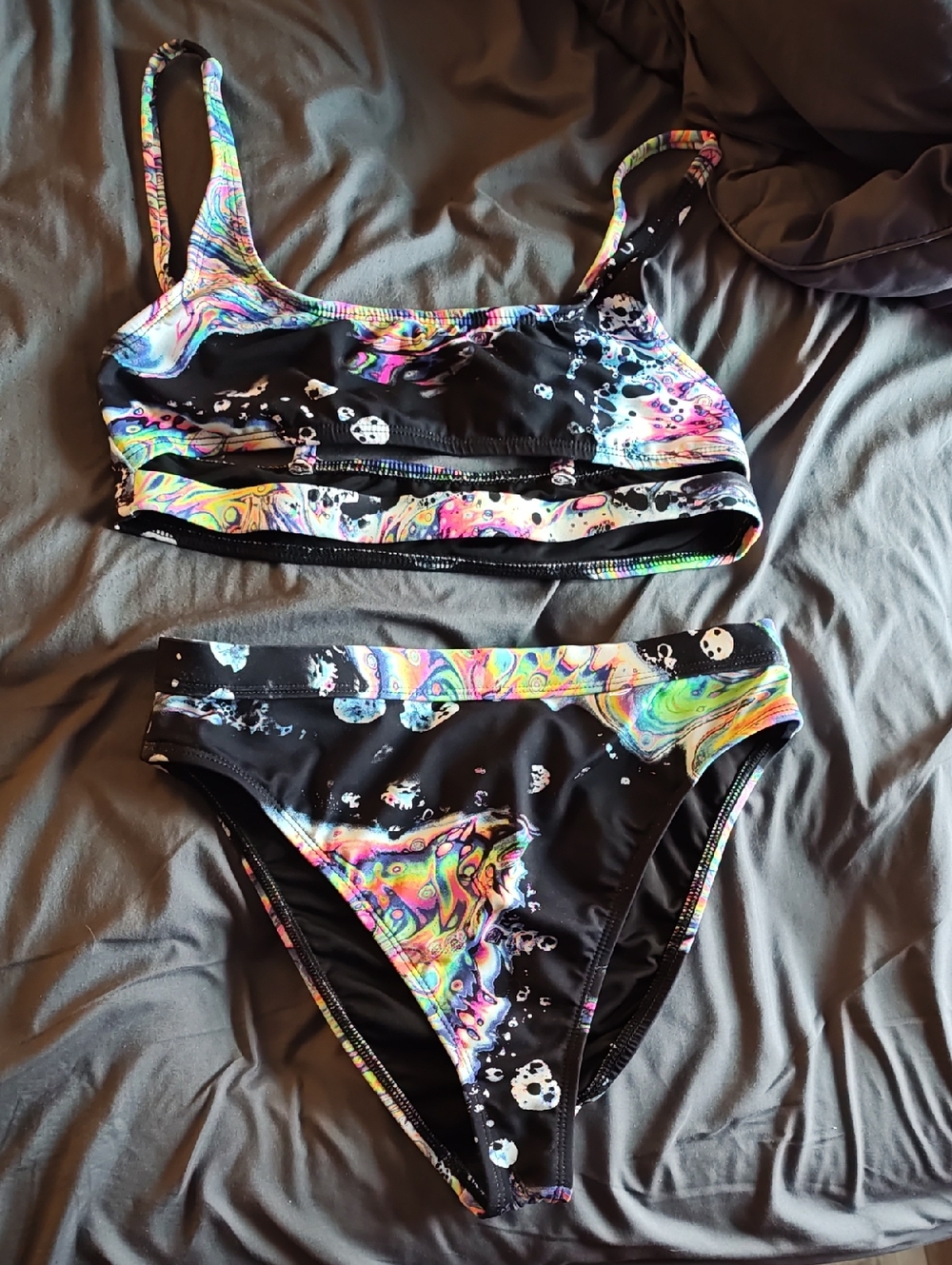 iHeartRaves Black Bikini Set with Neon Rainbow Swirl